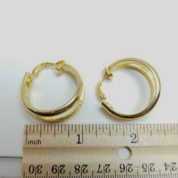 Vintage Double Hoop Clip On Earrings, Gold Tone, Retro 80s 90s Style, Estate - Picture 5 of 7